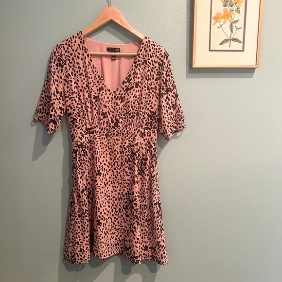Aqua Pink Black Leopard Print Dress Small V Neck Short Sleeve A Line Pockets - Picture 6 of 12